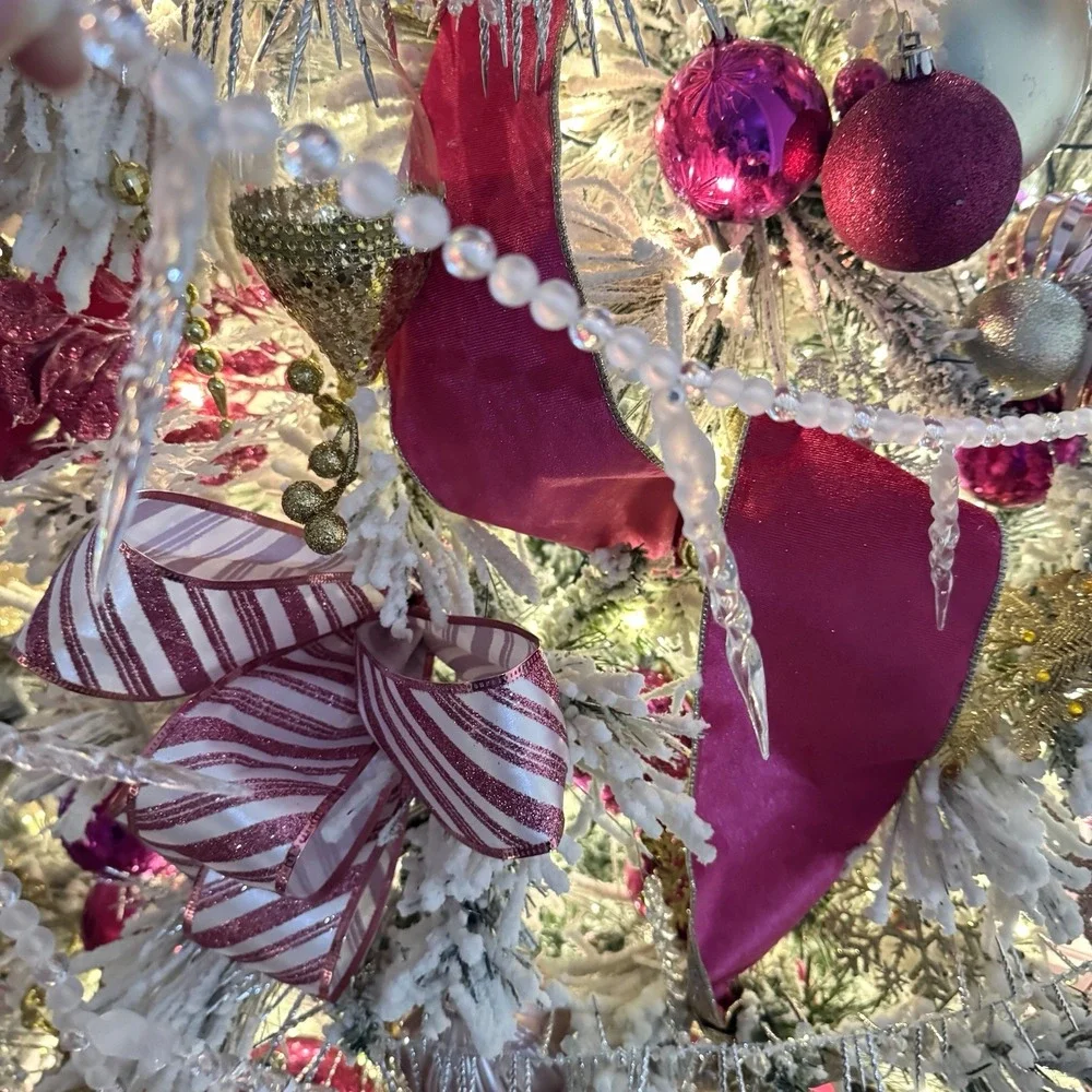 2 Vintage Beaded Icicle Garland Strands 7' Christmas Trim Frosted Clear Plastic